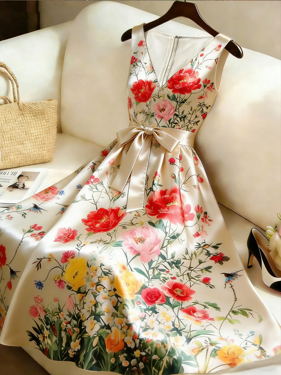 Retro Style Floral Art Print V-Neck Sleeveless Cotton Maxi Dress